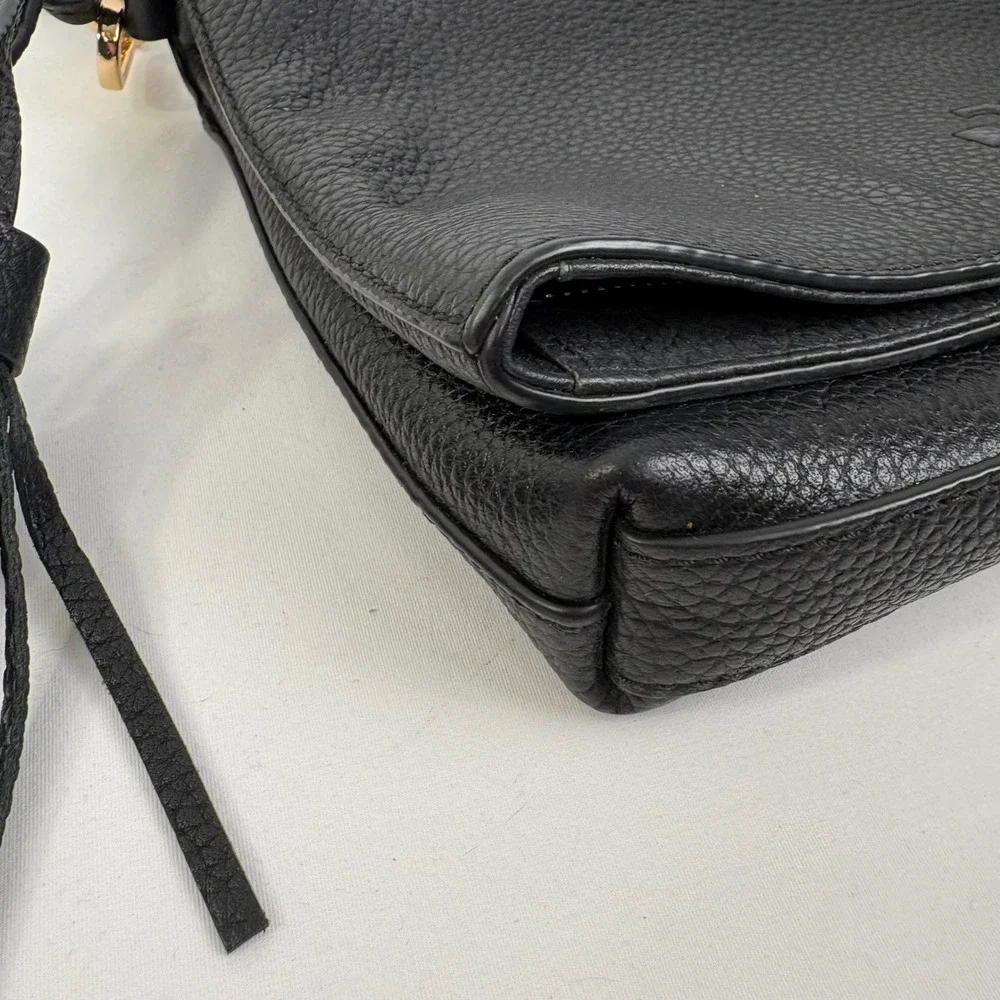 Tory Burch Thea Messenger Bag Black Pebbled Leather Tassel Crossbody Gold Logo